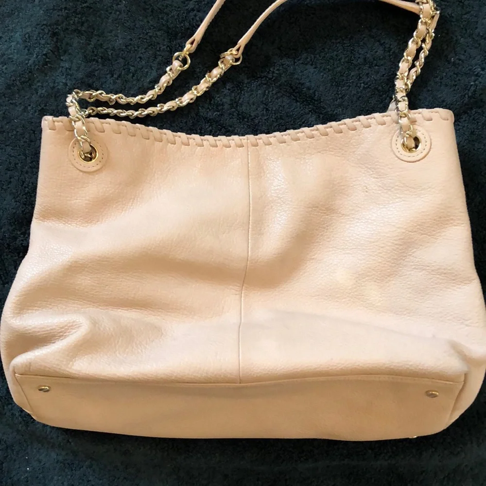 Tory Burch stamped logo, pebbled leather creamy pink braided top & chain handbag